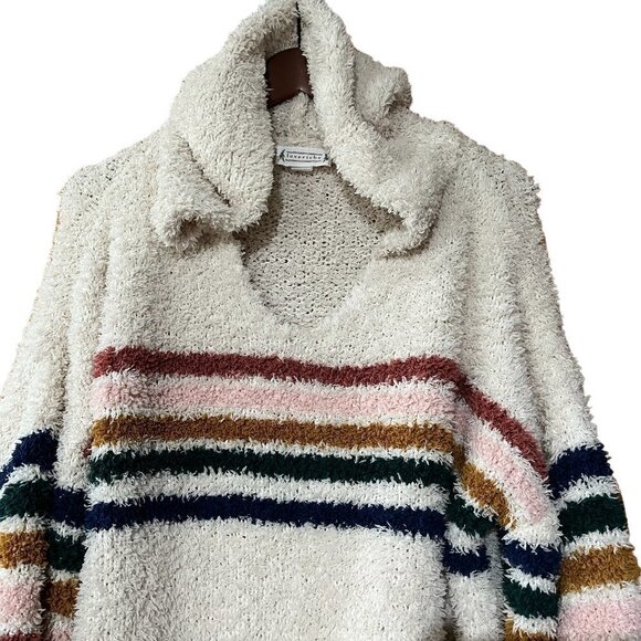 LOVE RICHE Varsity Striped Oversized Chunky Hooded Ballon Sleeve Cream Sweater - Picture 2 of 10